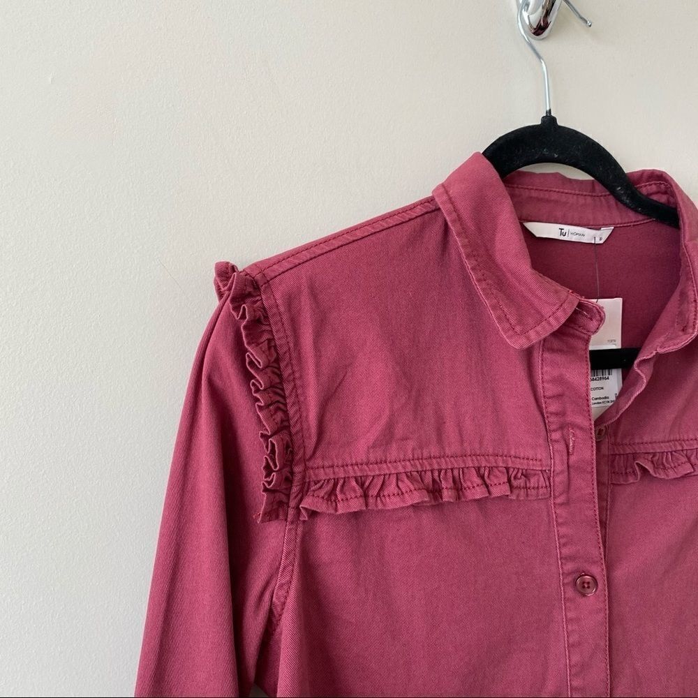 Tu - Brick Red Ruffle Button Down Shirt - Small - Picture 3 of 8